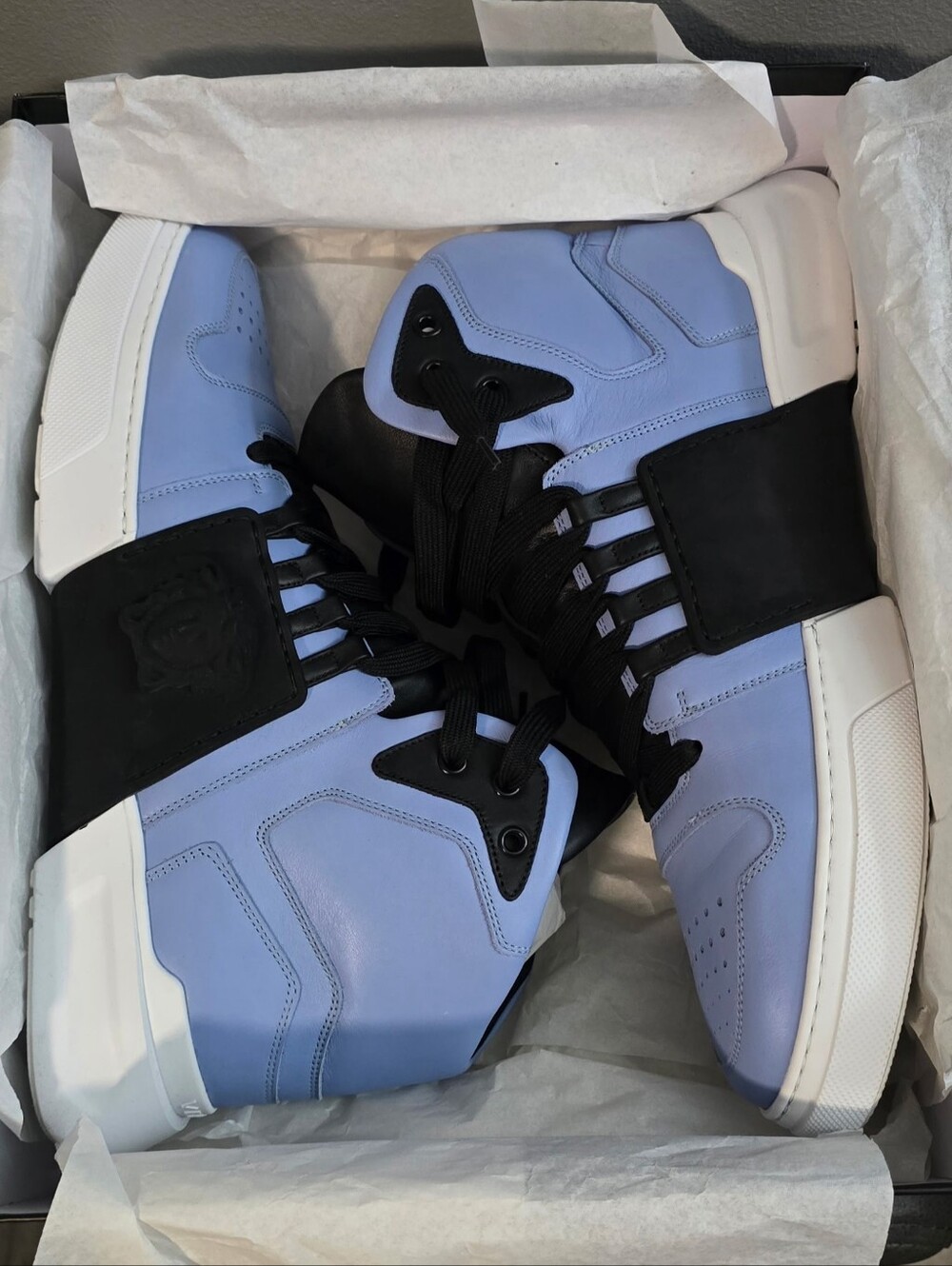 Versace Men’s High-Top Medusa Sneakers – Sky Blue/Black – Size 46 EU/13 US